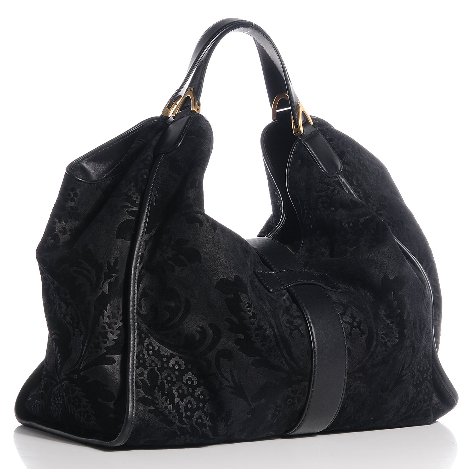 Gucci Soft Leather Brocade Large Stirrup Shoulder Bag Black 3 of 7