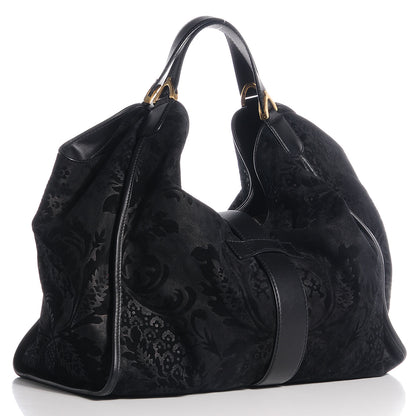 Gucci Soft Leather Brocade Large Stirrup Shoulder Bag Black 3 of 7