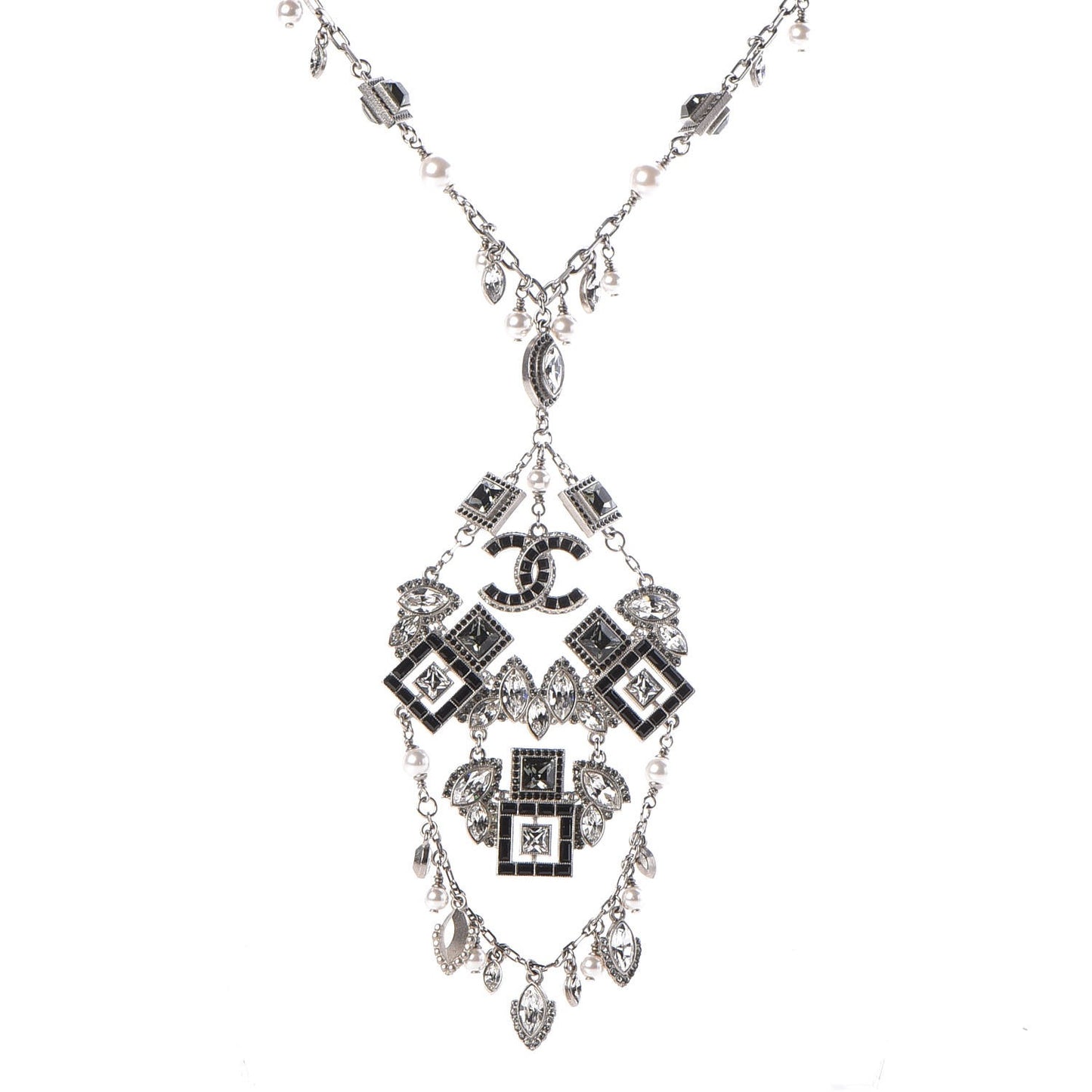 Crystal Strass Pearl CC Necklace Silver Black