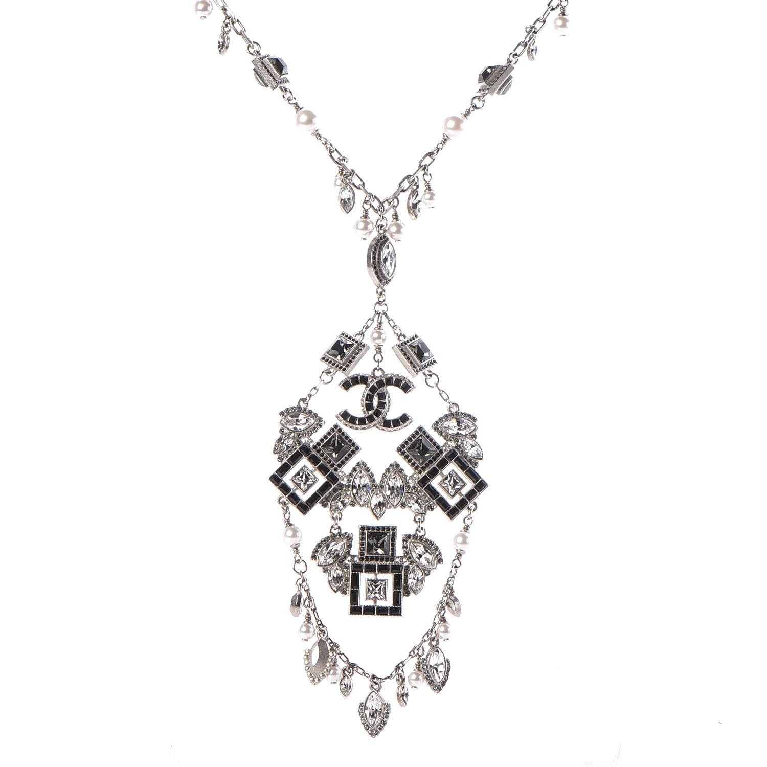 Chanel Crystal Strass Pearl CC Necklace Silver Black 1 of 6