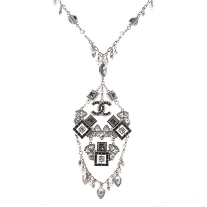 Chanel Crystal Strass Pearl CC Necklace Silver Black 1 of 6