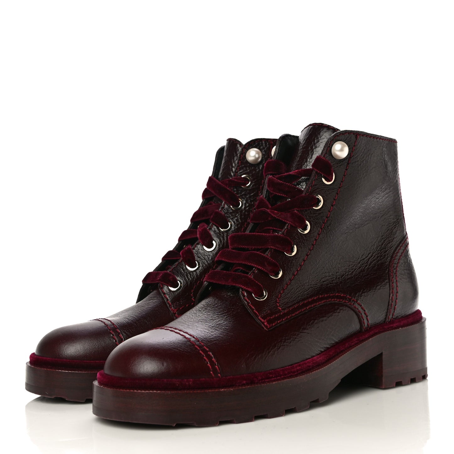 Calfskin Velvet Pearl Combat Short Boots 38 Burgundy
