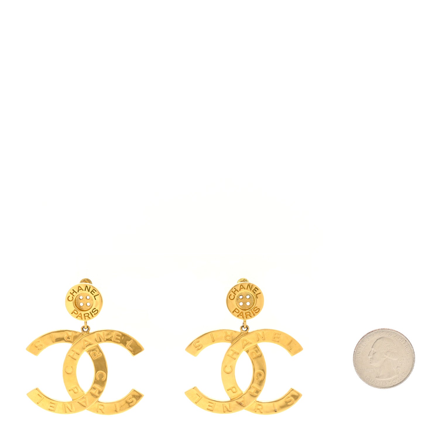 Chanel Metal Large Paris Button Earrings Gold 2 of 4