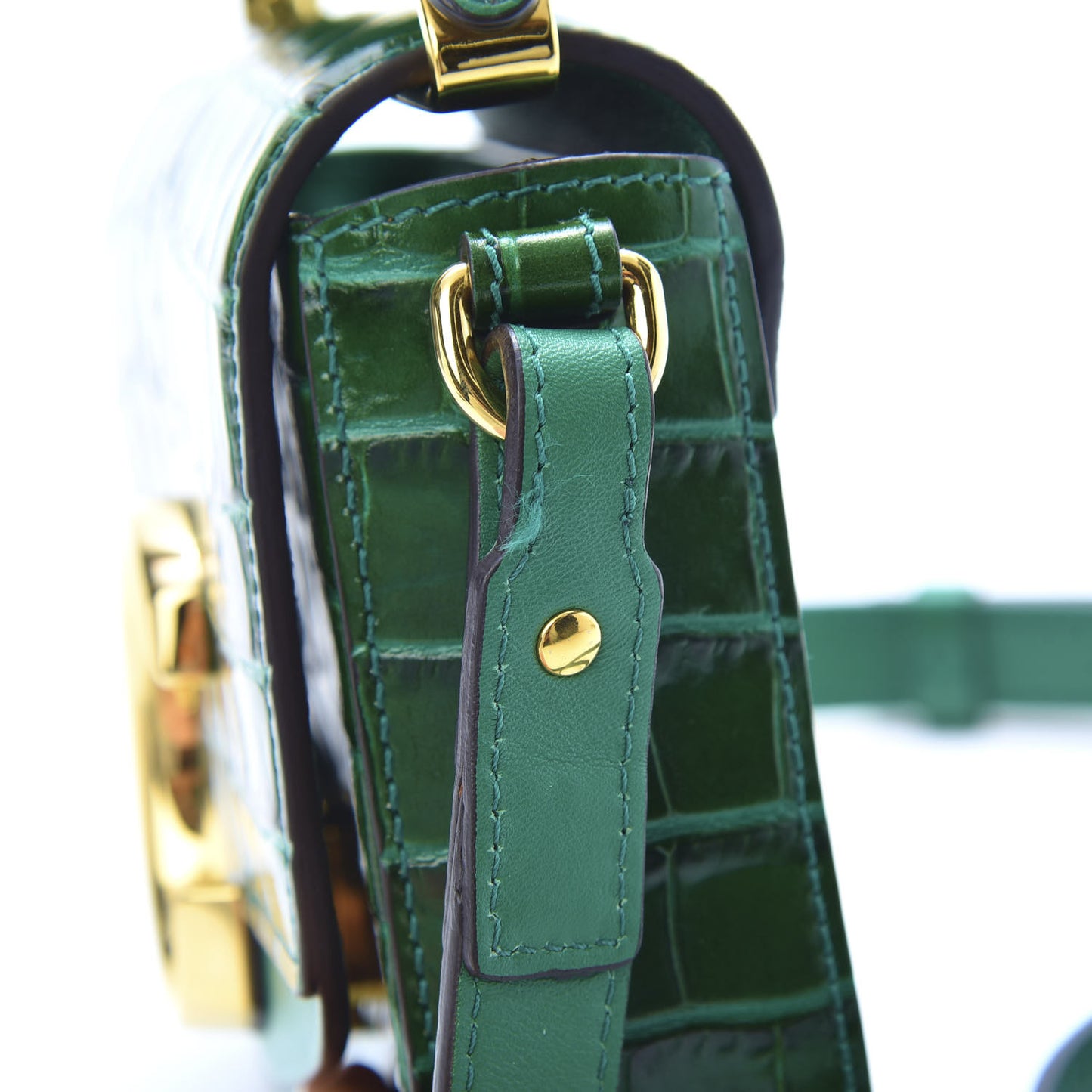 Calfskin Crocodile Embossed Mini C Double Carry Woodsy Green