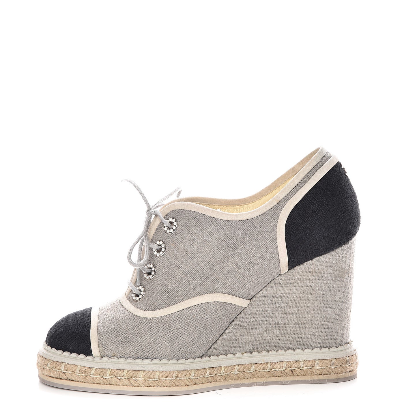 Cotton Lace Up Wedge Espadrilles 38.5 Grey Navy Blue