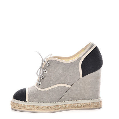 Chanel Cotton Lace Up Wedge Espadrilles 38.5 Grey Navy Blue 1 of 15
