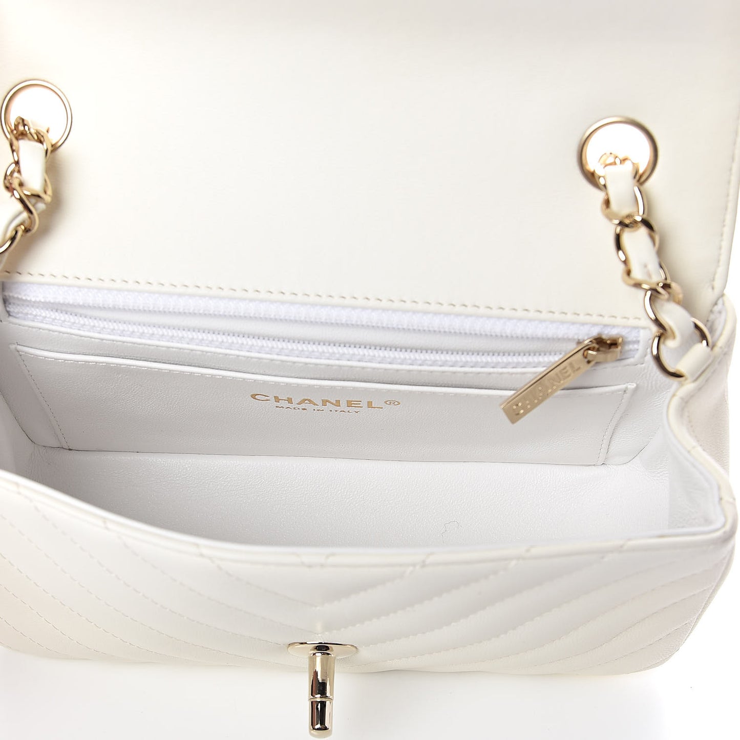 Lambskin Chevron Quilted Mini Rectangular Flap White