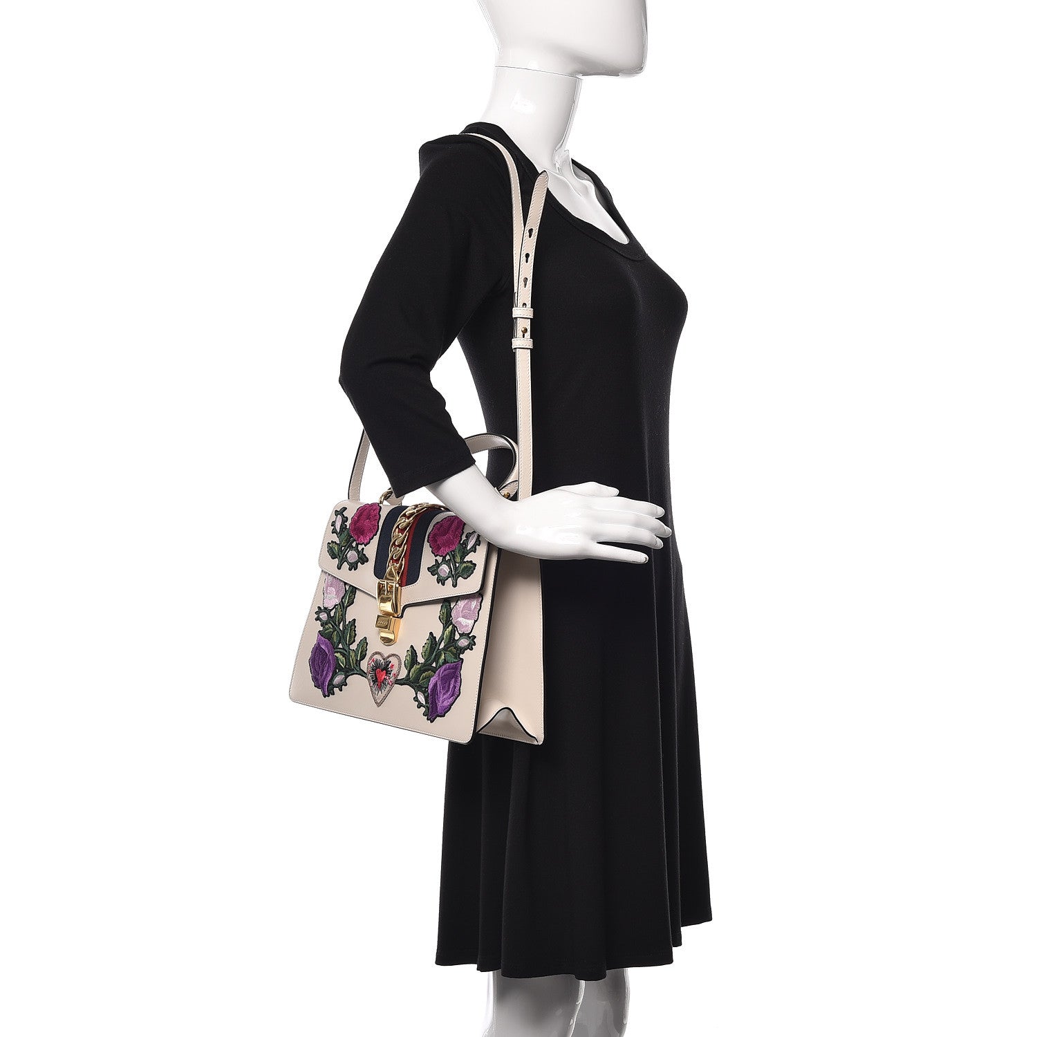 Gucci Calfskin Embroidered Medium Sylvie Top Handle Bag White 2 of 9