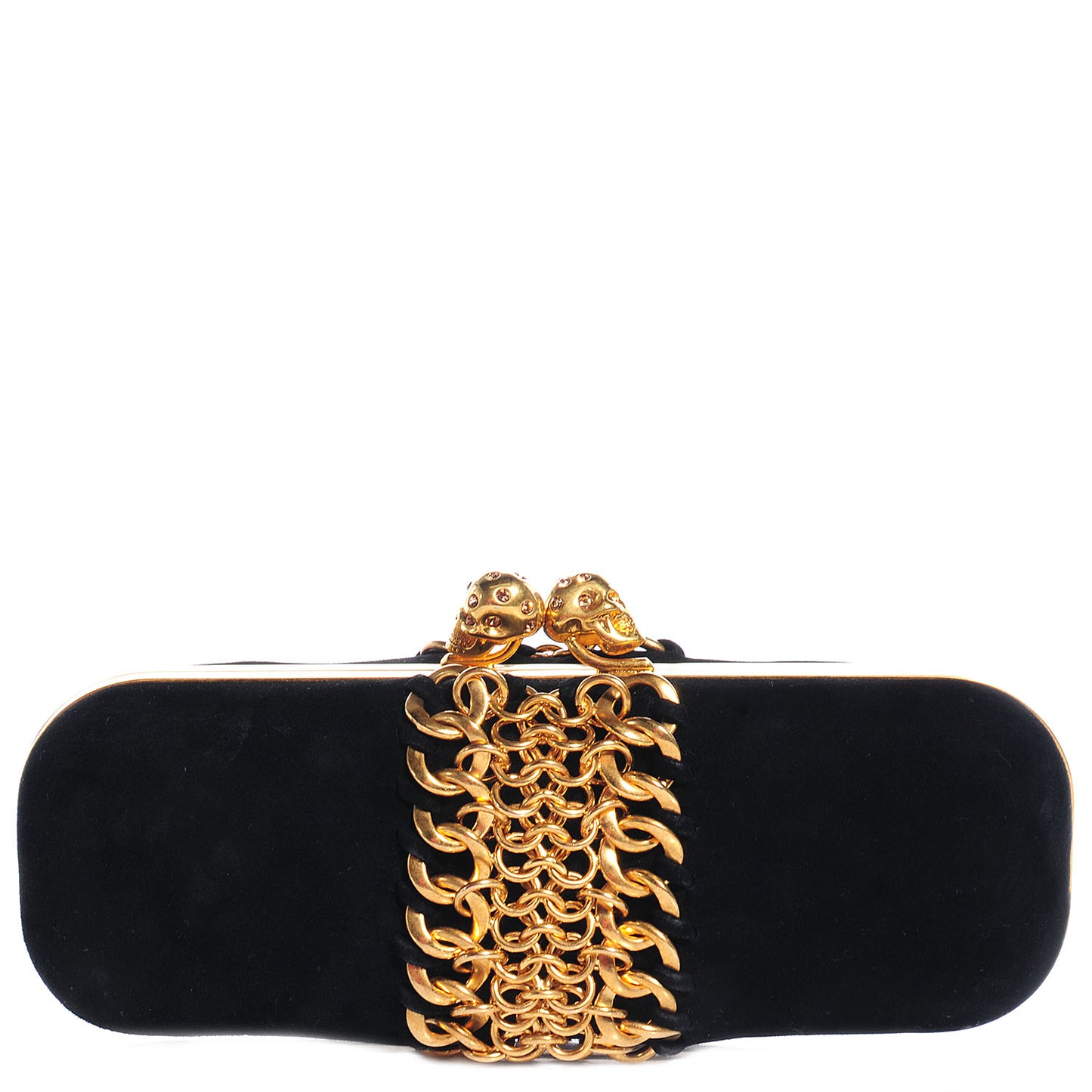 Kidskin Suede Chain Twin Skull Box Clutch Black