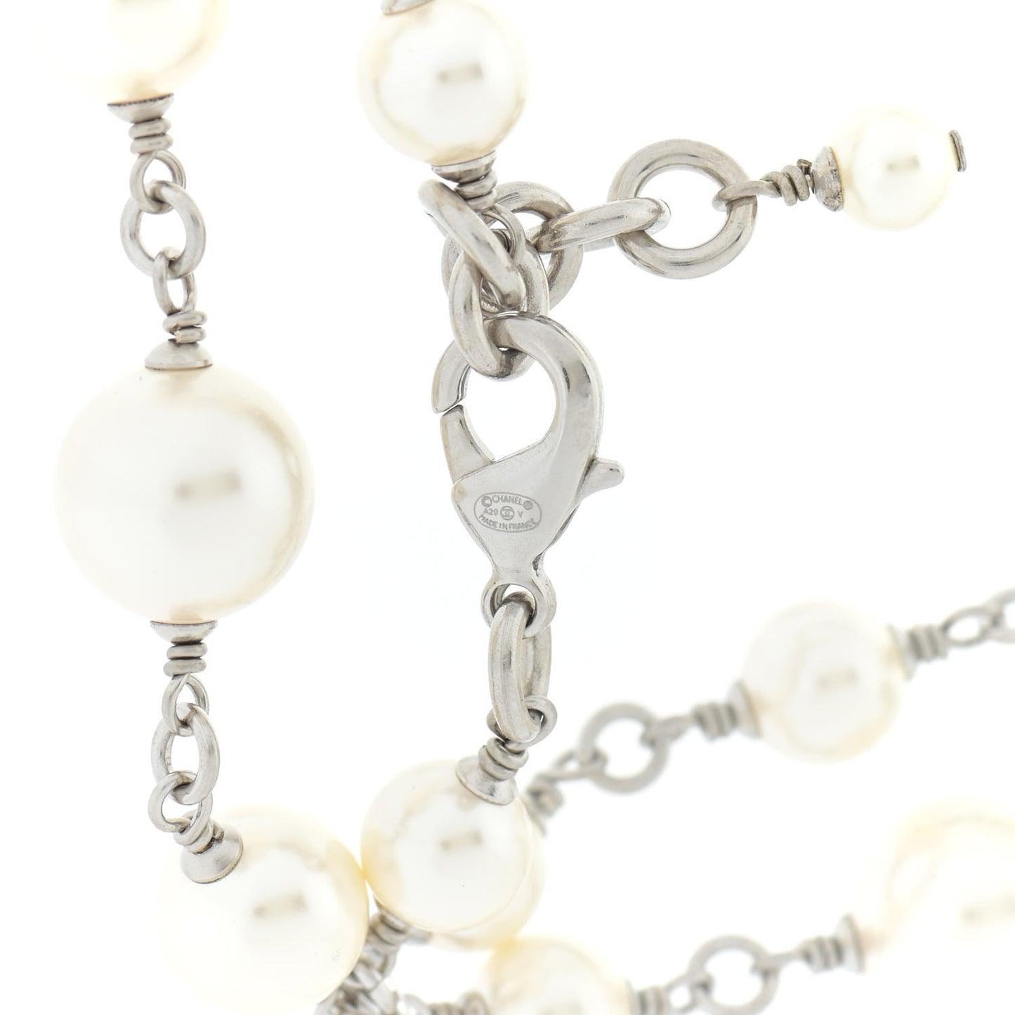 Crystal Pearl CC Long Necklace Silver