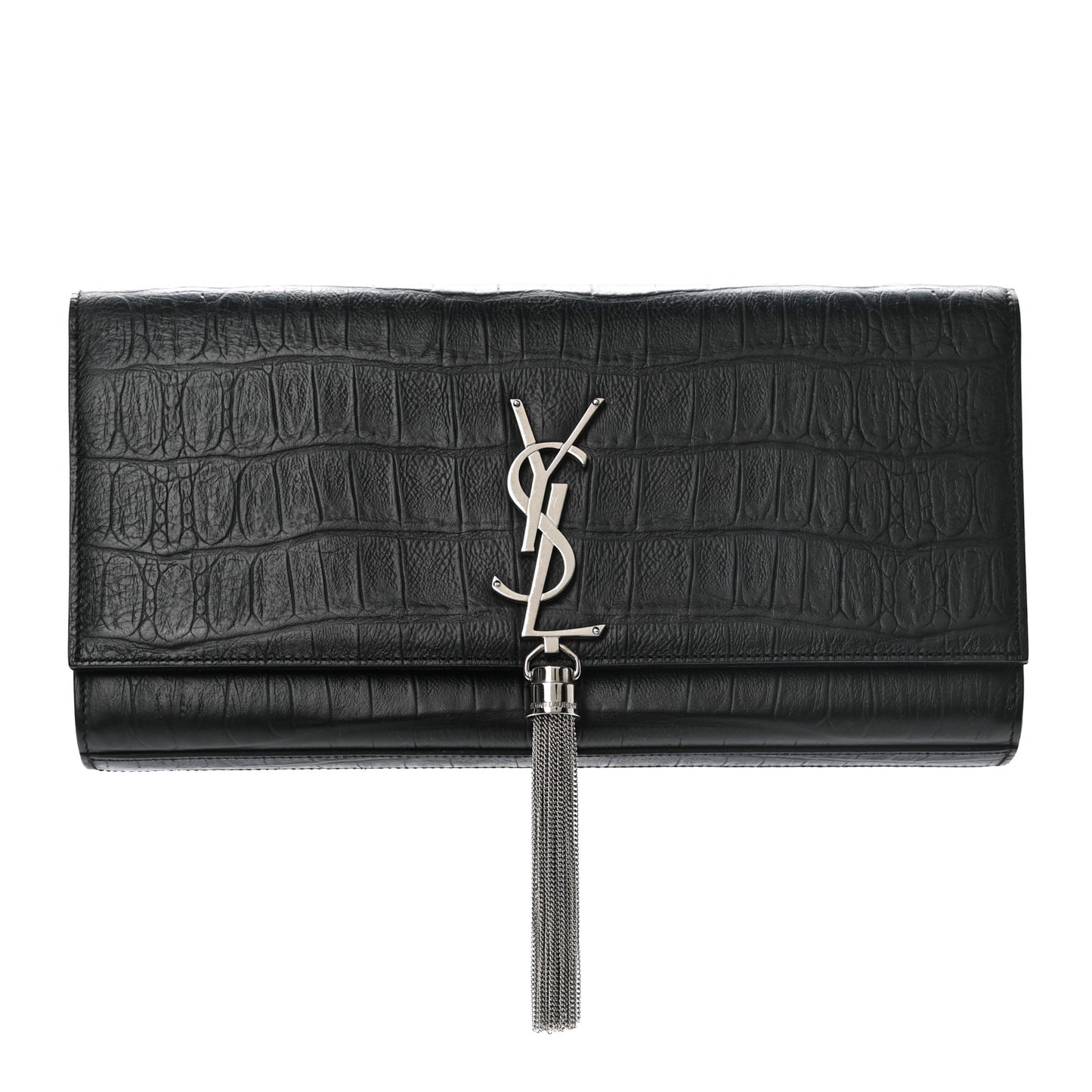 Calfskin Crocodile Embossed Classic Monogram Tassel Clutch Black