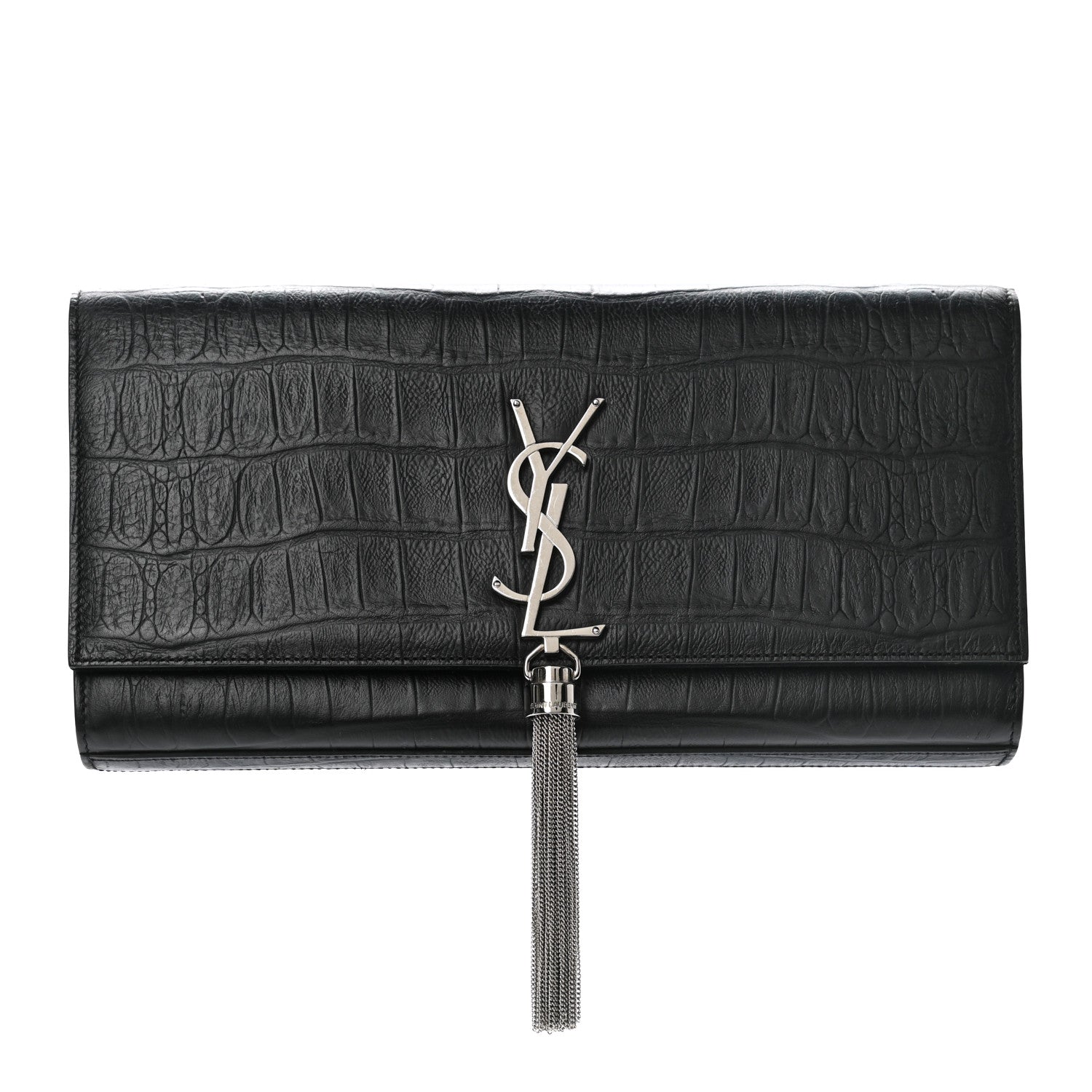Saint Laurent Calfskin Crocodile Embossed Classic Monogram Tassel Clutch Black 1 of 8