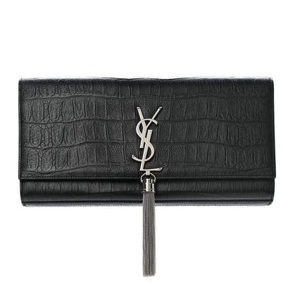 Saint Laurent Calfskin Crocodile Embossed Classic Monogram Tassel Clutch Black 1 of 8