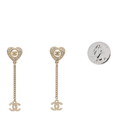 Chanel Pearl Crystal CC Heart Drop Earrings Gold White 2 of 4