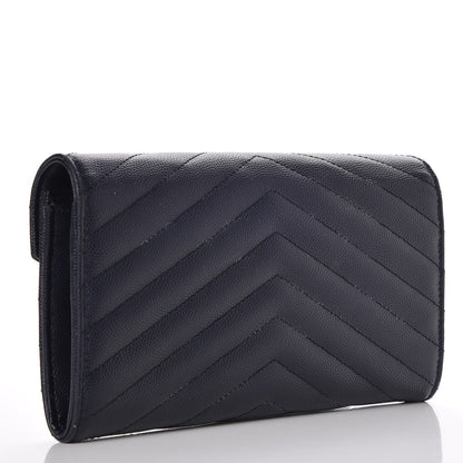 Saint Laurent Grain De Poudre Matelasse Chevron Monogram Flap Wallet Navy 2 of 8