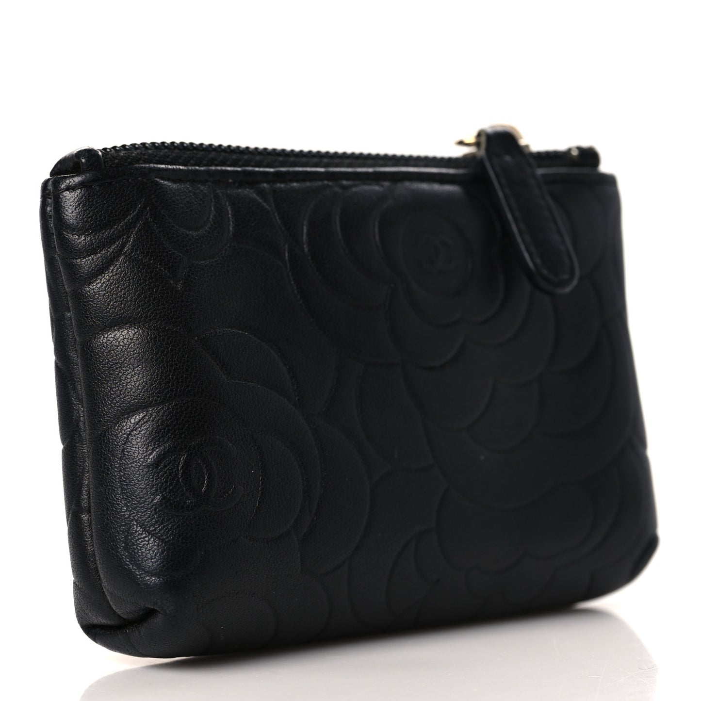 Lambskin Camellia Embossed Key Holder Case Black