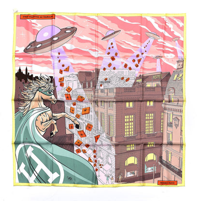 Hermes Silk Space Shopping Au Faubourg Scarf 90 Rose Taupe Jaune 1 of 9