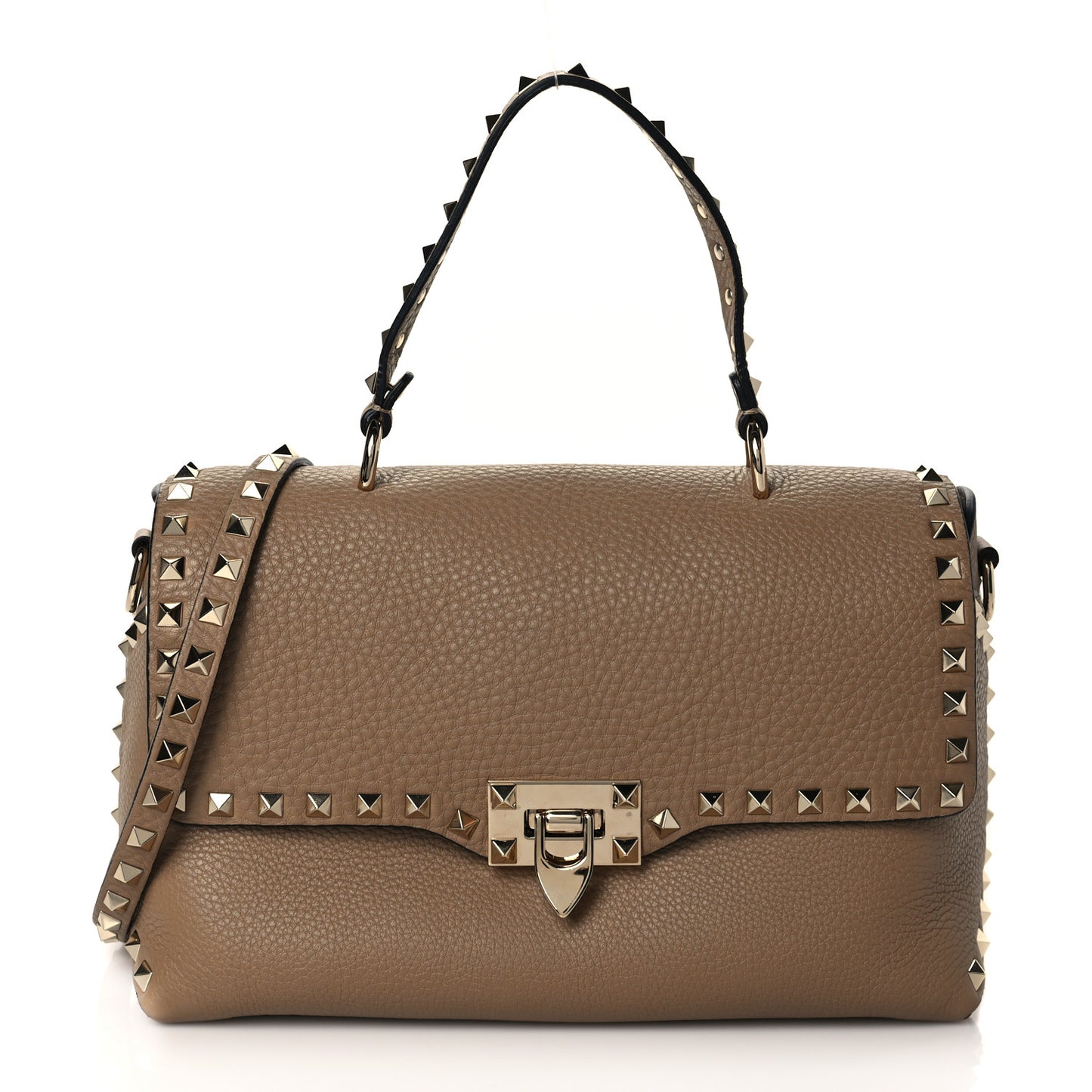 Pebbled Calfskin Medium Rockstud Top Handle Shoulder Bag Brown