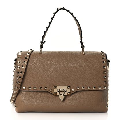 Valentino Garavani Pebbled Calfskin Medium Rockstud Top Handle Shoulder Bag Brown 1 of 8