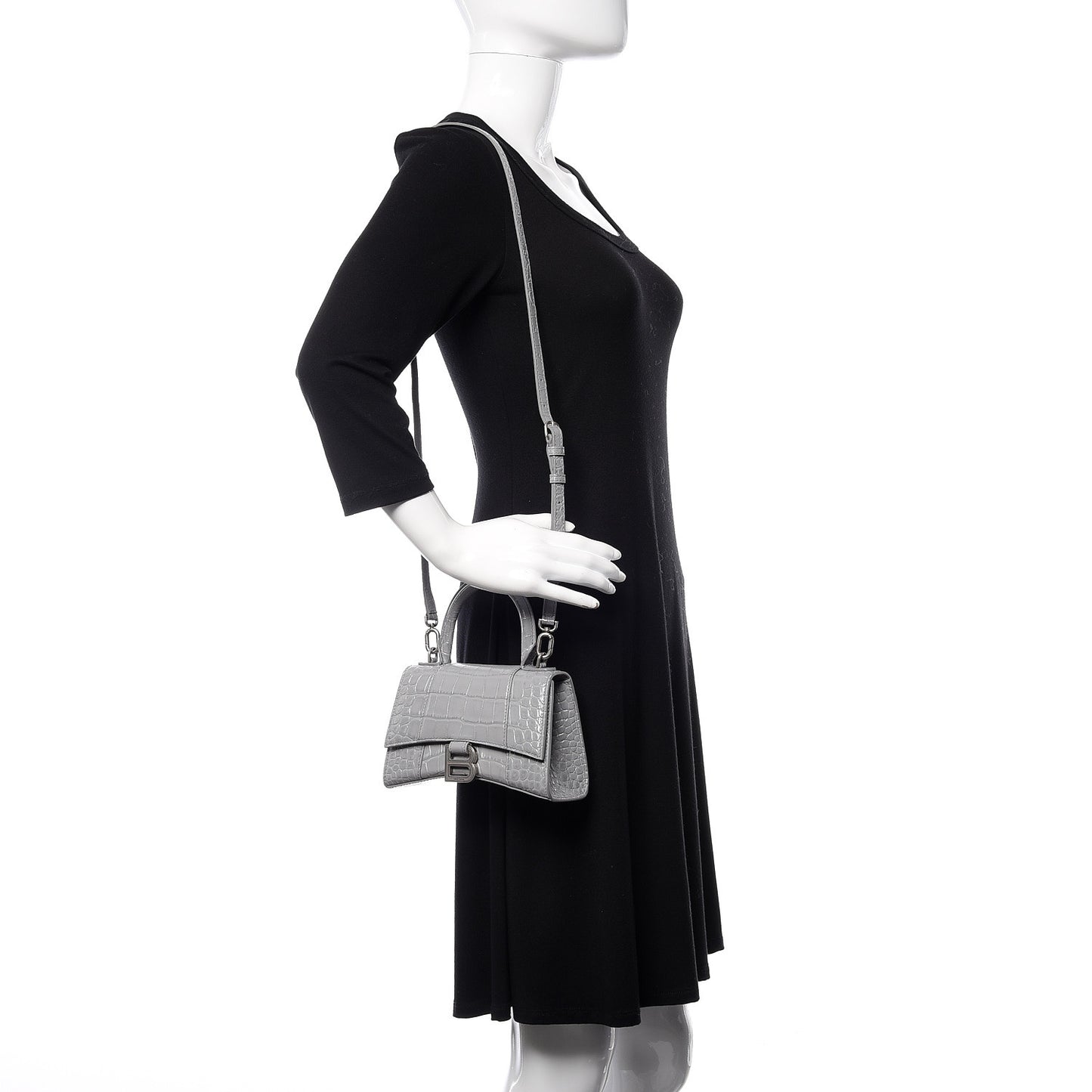 Shiny Calfskin Crocodile Embossed Hourglass Top Handle Bag XS Balenciaga Grey
