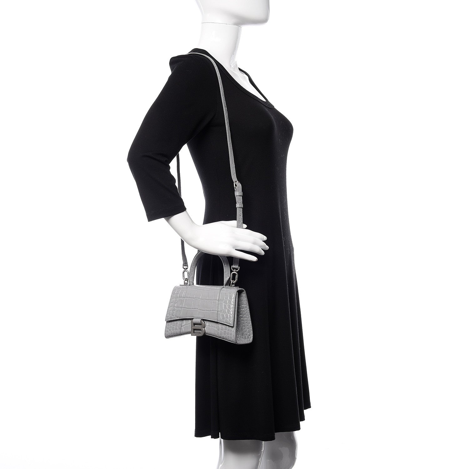Balenciaga Shiny Calfskin Crocodile Embossed Hourglass Top Handle Bag XS Balenciaga Grey 2 of 9