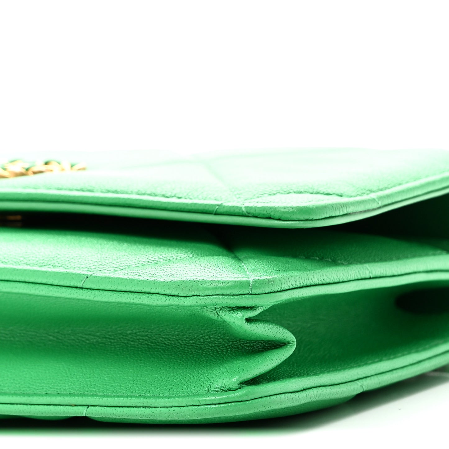 Shiny Goatskin Quilted Chanel 19 Wallet On Chain WOC Green