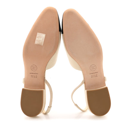 Chanel Lizard Grosgrain Cap Toe CC Slingback Flat 37.5 Ivory Black 6 of 9