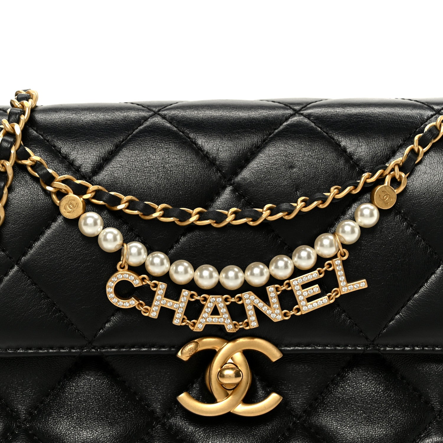 Chanel Shiny Lambskin Quilted Mini Pearl Logo Flap Black 1842471