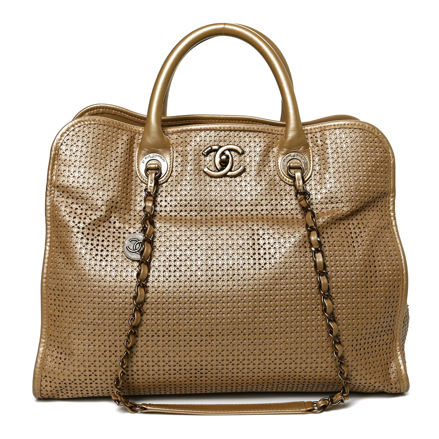 Metallic Calfskin Perforated Up In The Air Tote Gold