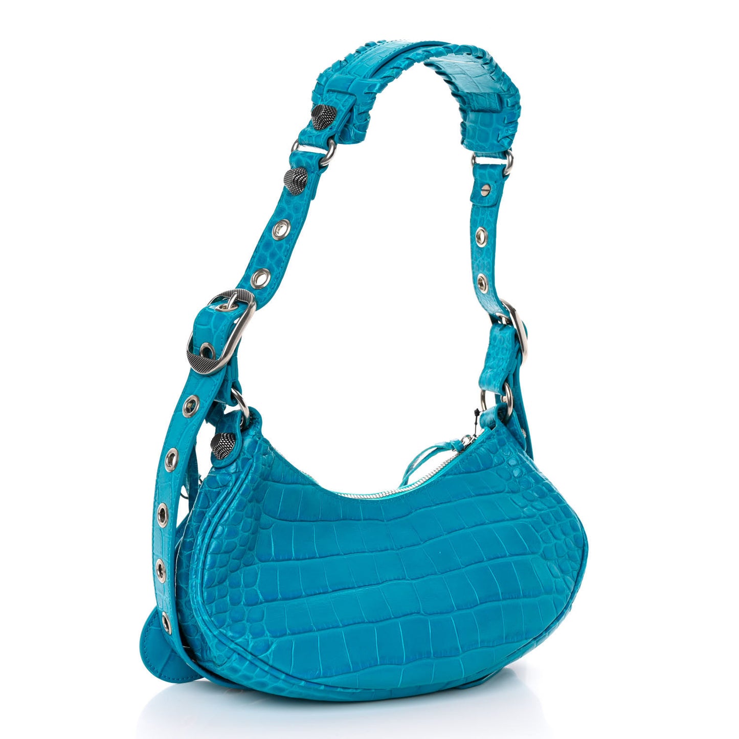 Extra Supple Calfskin Crocodile Embossed Le Cagole Shoulder Bag XS Cyan