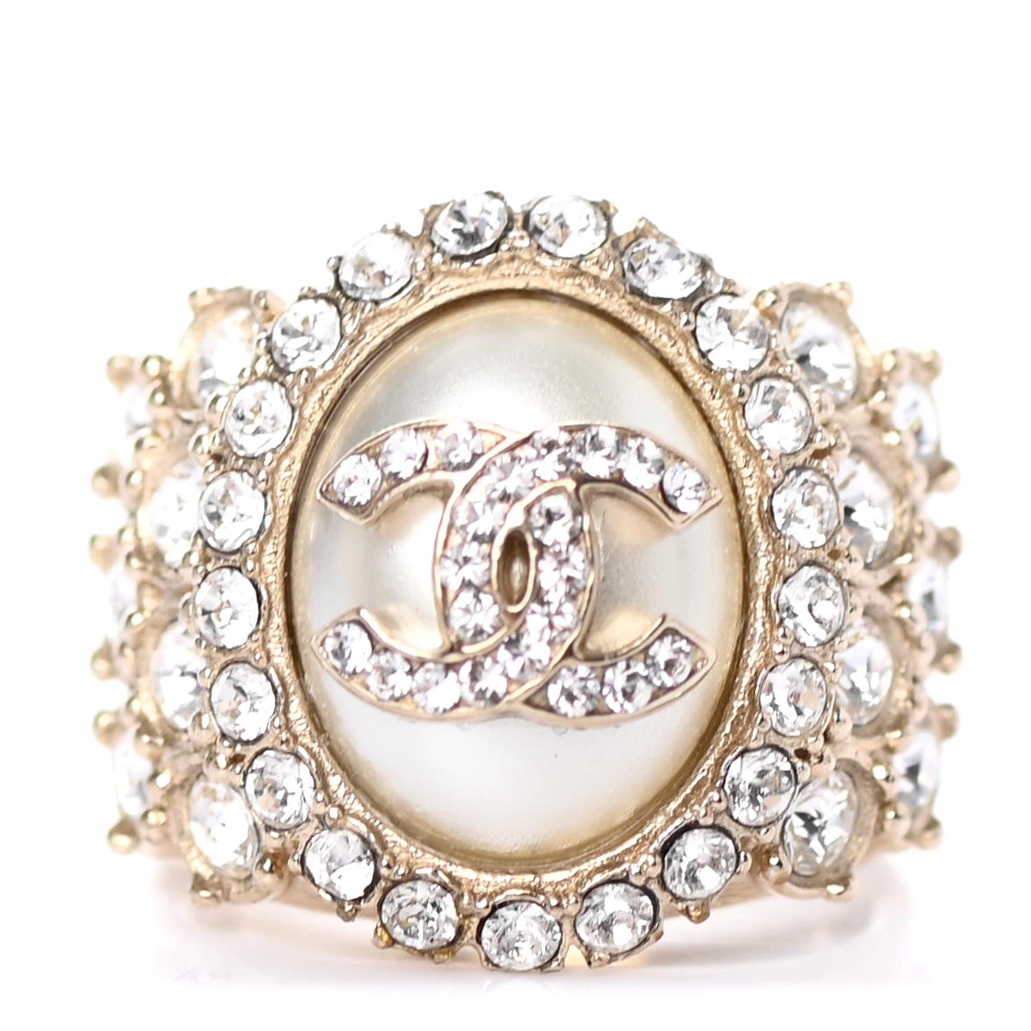 Chanel Pearl Crystal CC Ring 5.25 Gold Pearly White 1 of 4