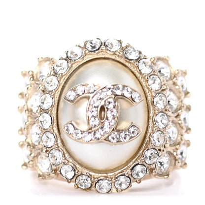 Chanel Pearl Crystal CC Ring 5.25 Gold Pearly White 1 of 4