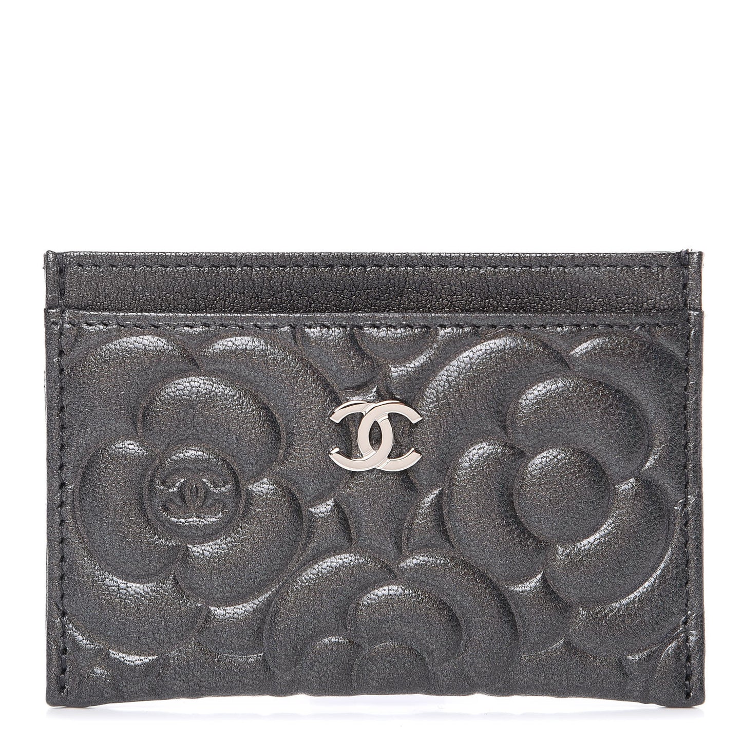 Goatskin Camellia Embossed Card Holder Grey