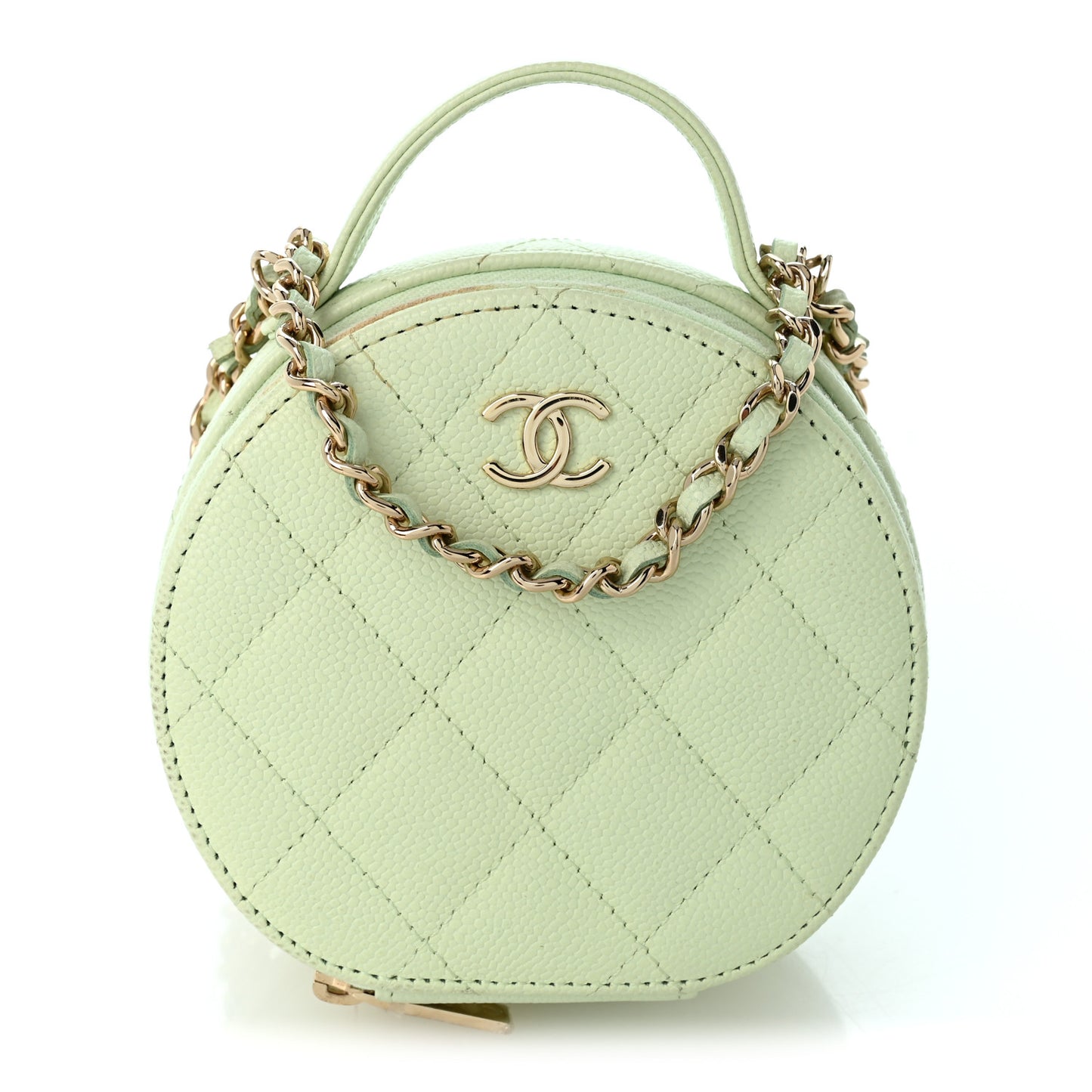 Caviar Quilted Round Handle With Care Vanity With Chain Light Green