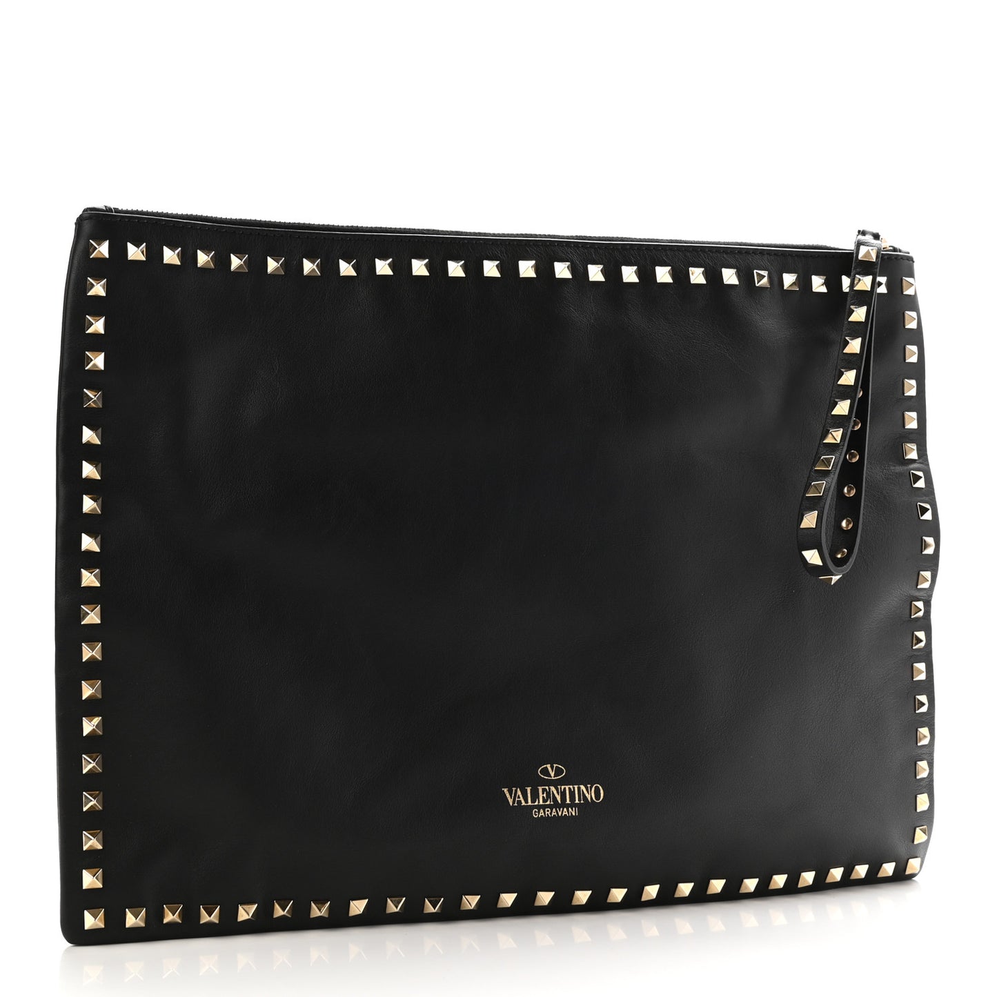 Vitello Oversized Rockstud Zip Wristlet Pouch Black