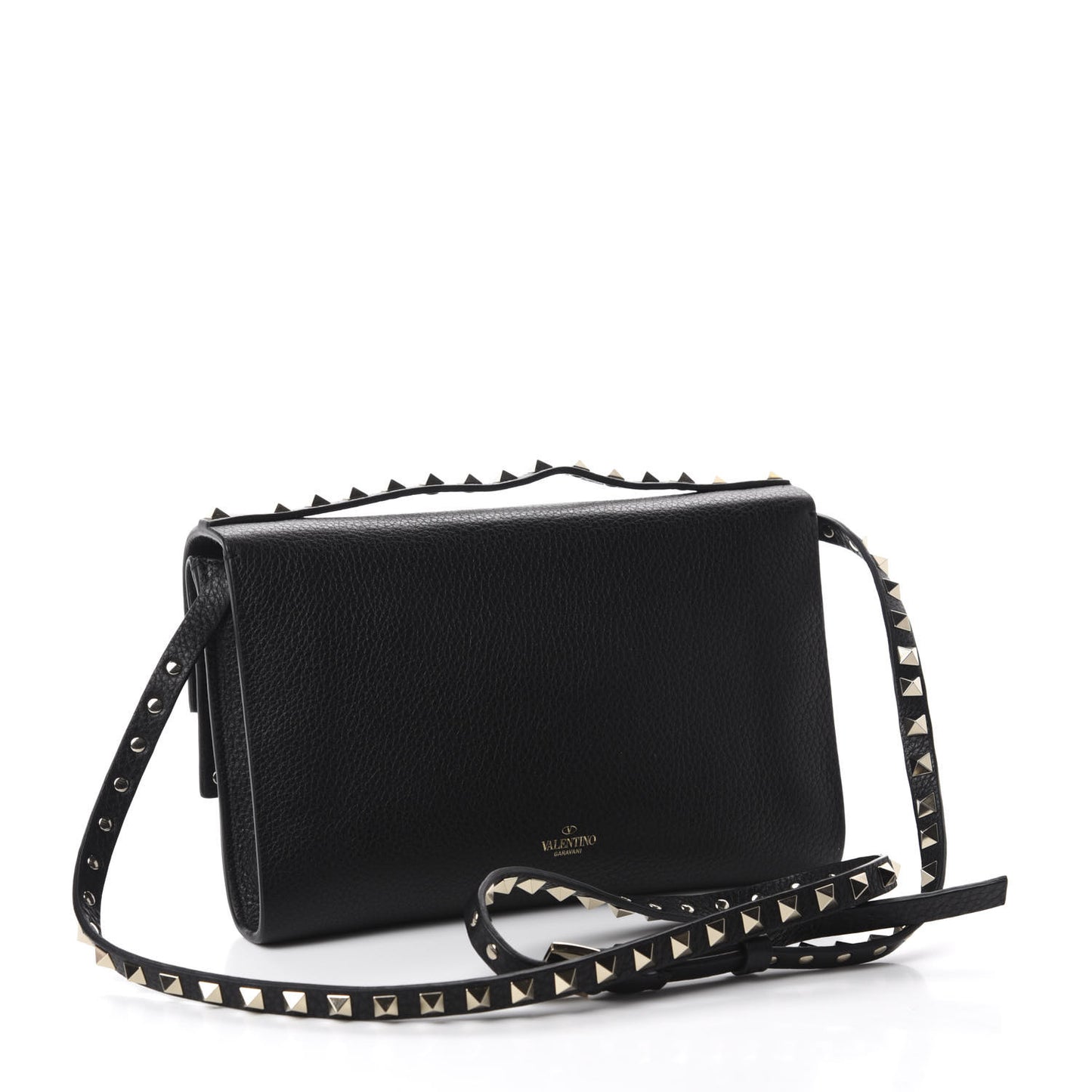 Grainy Calfskin Rockstud Double Flap Crossbody Bag Black