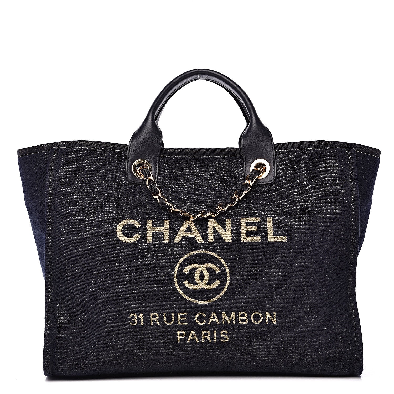 Chanel Lurex Canvas Medium Deauville Tote Navy Blue Gold 1 of 12