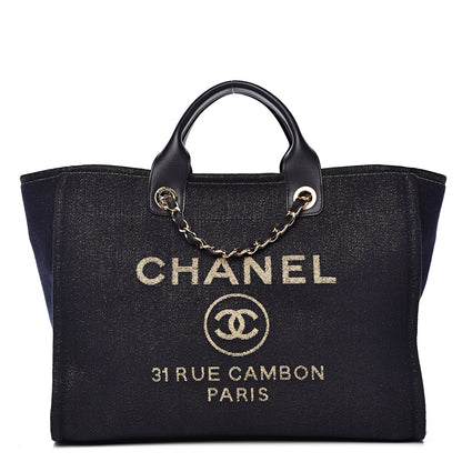 Chanel Lurex Canvas Medium Deauville Tote Navy Blue Gold 1 of 12