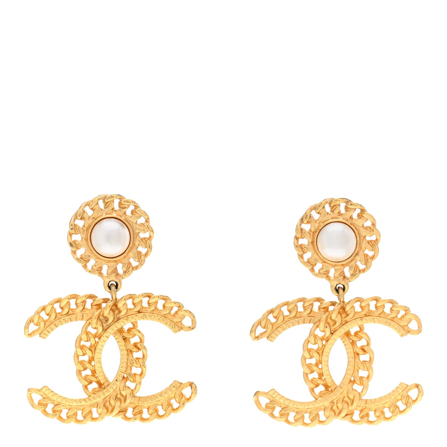 Metal Pearl CC Chain Drop Earrings Gold
