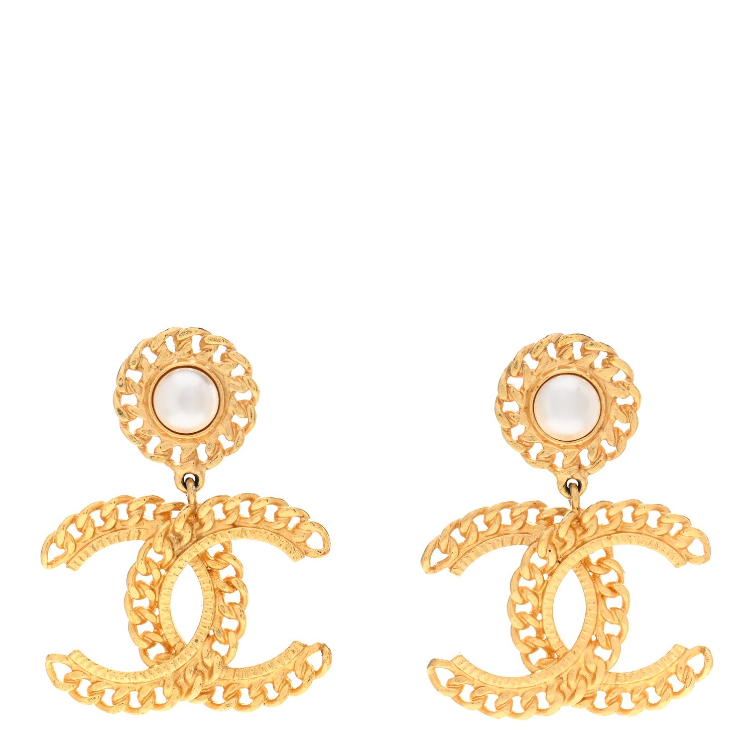 Chanel Metal Pearl CC Chain Drop Earrings Gold 1 of 4