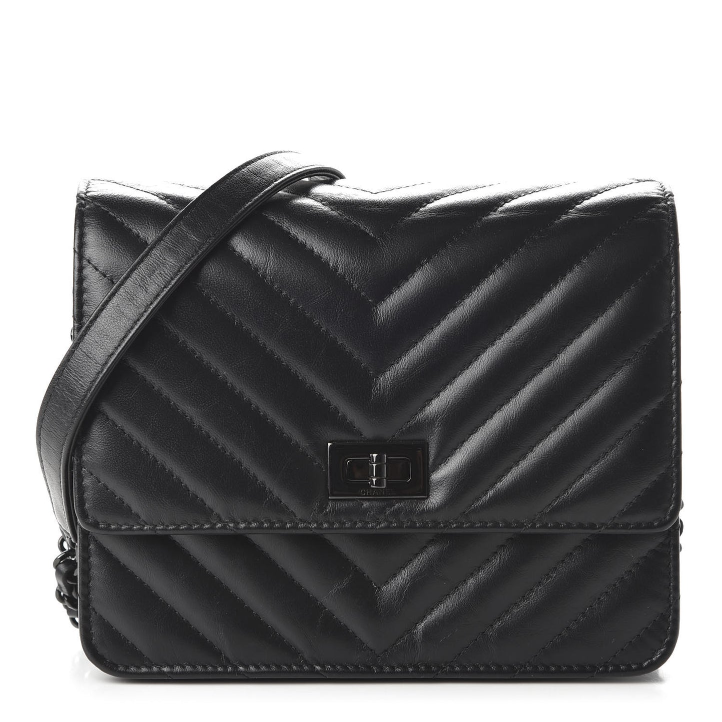 Aged Calfskin Chevron Quilted Reissue 2.55 Square Wallet On Chain WOC So Black