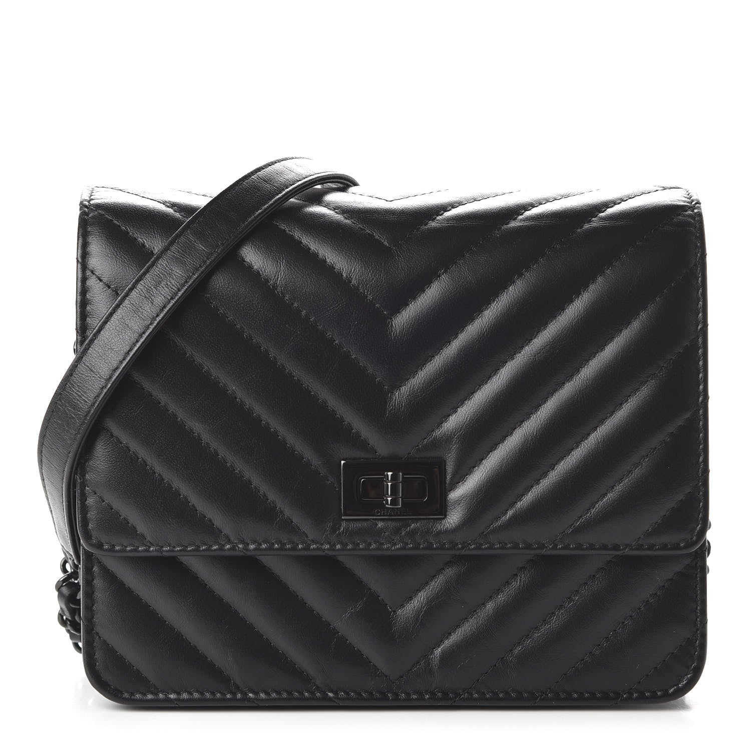 Chanel Aged Calfskin Chevron Quilted Reissue 2.55 Square Wallet On Chain WOC So Black 1 of 11