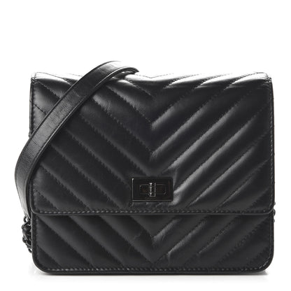 Chanel Aged Calfskin Chevron Quilted Reissue 2.55 Square Wallet On Chain WOC So Black 1 of 11