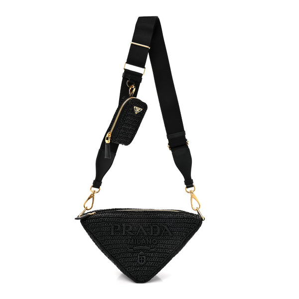 Prada Yarn Raffia Effect Crochet Triangle Shoulder Bag Black