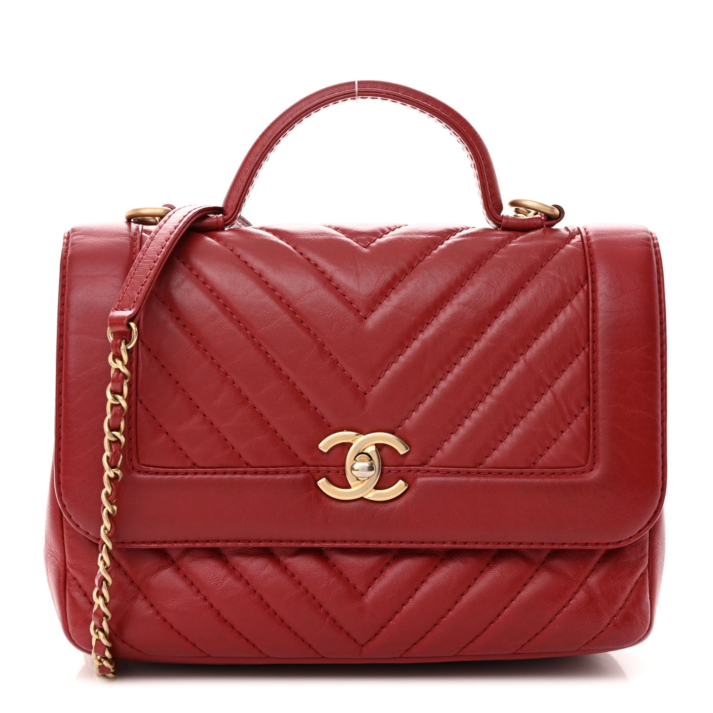 Calfskin Chevron Quilted Top Handle Flap Red