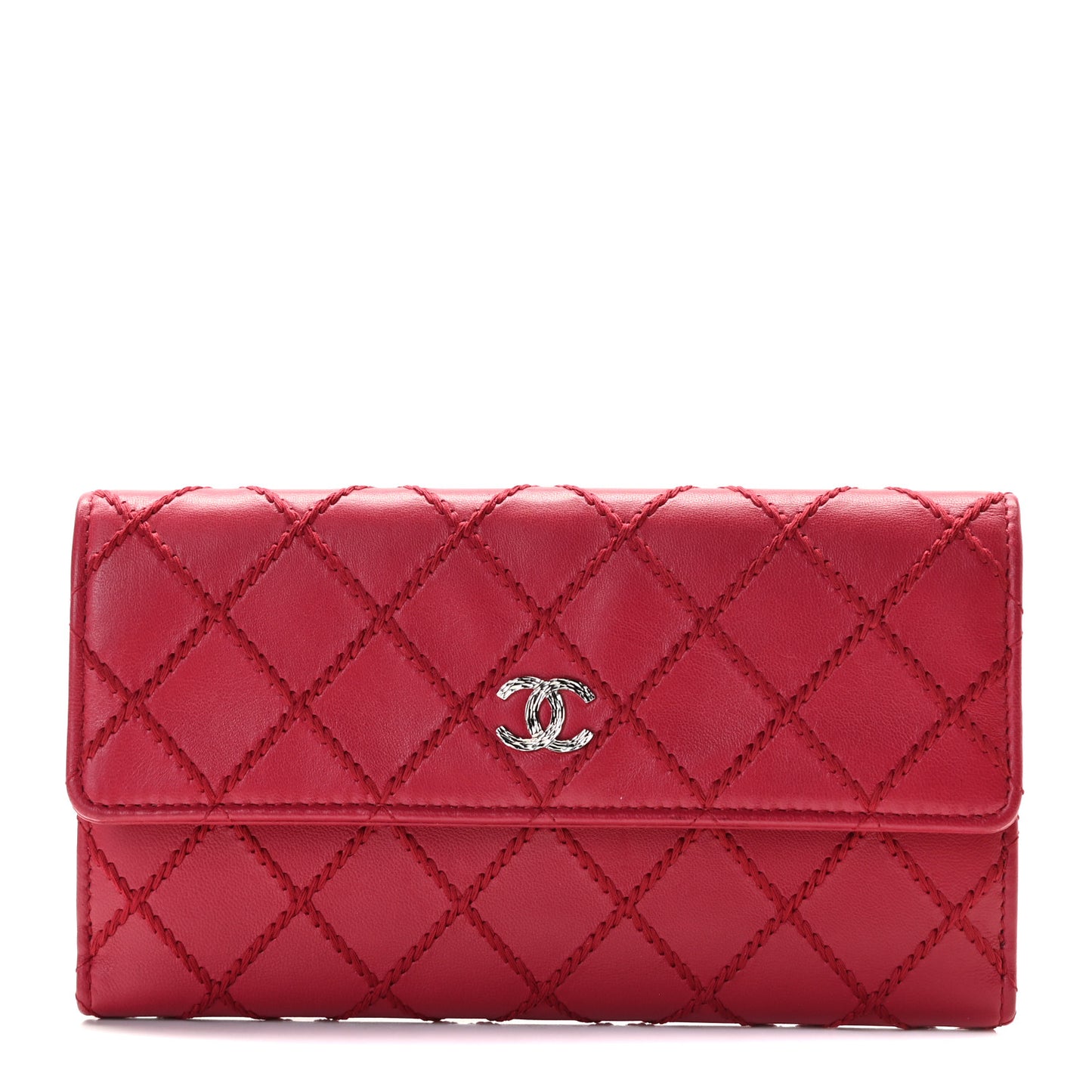 Calfskin Stitched Fancy CC Long Double Wallet Rose Fonce