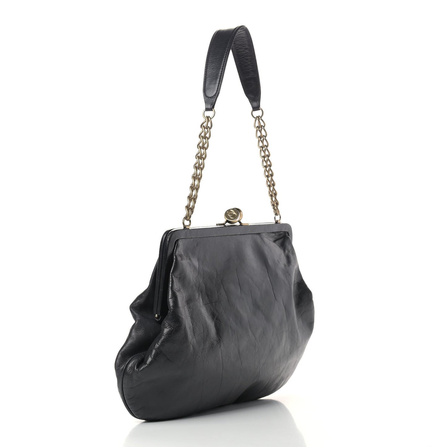 Glazed Calfskin Kisslock Frame Bag Black