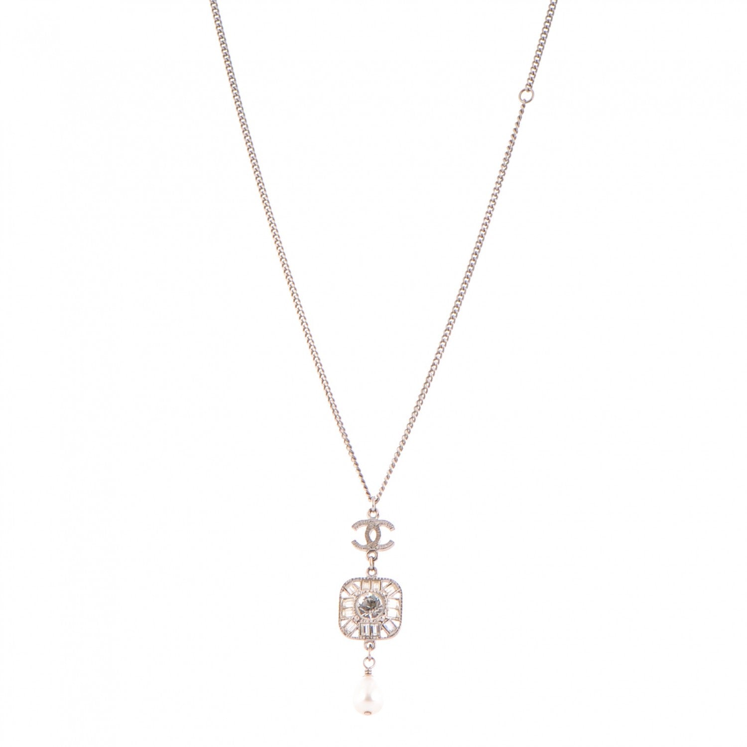 Chanel Crystal Baguette Pearl CC Necklace Silver 1 of 6