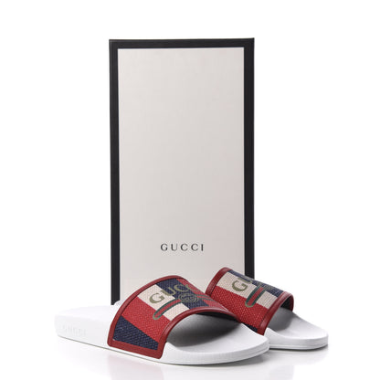 Gucci Canvas Sylvie Stripe Logo Pursuit Slide Sandals 39 Mystic White Hibiscus Red Maritime 8 of 8