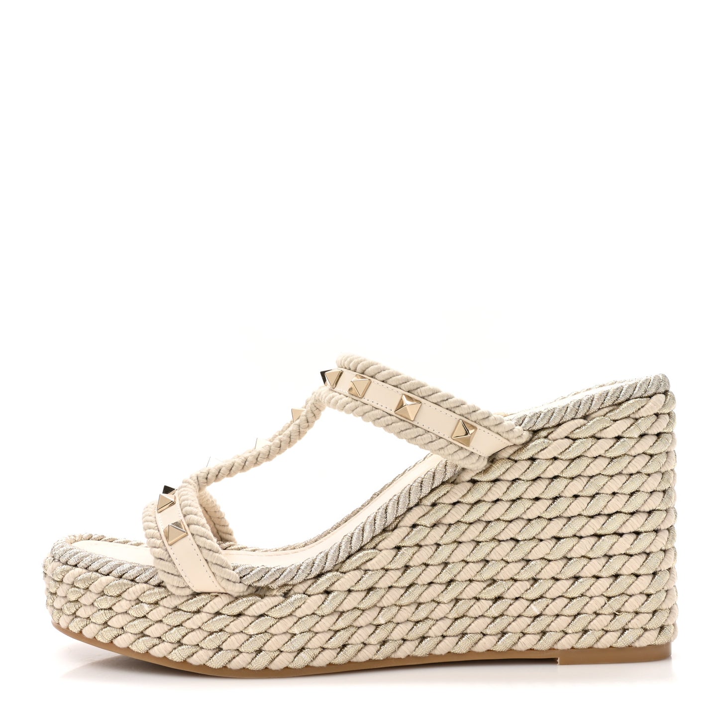 Calfskin Rockstud Ankle Strap Torchon Espadrille Caged 25/95mm Wedge Sandals 40 Light Ivory